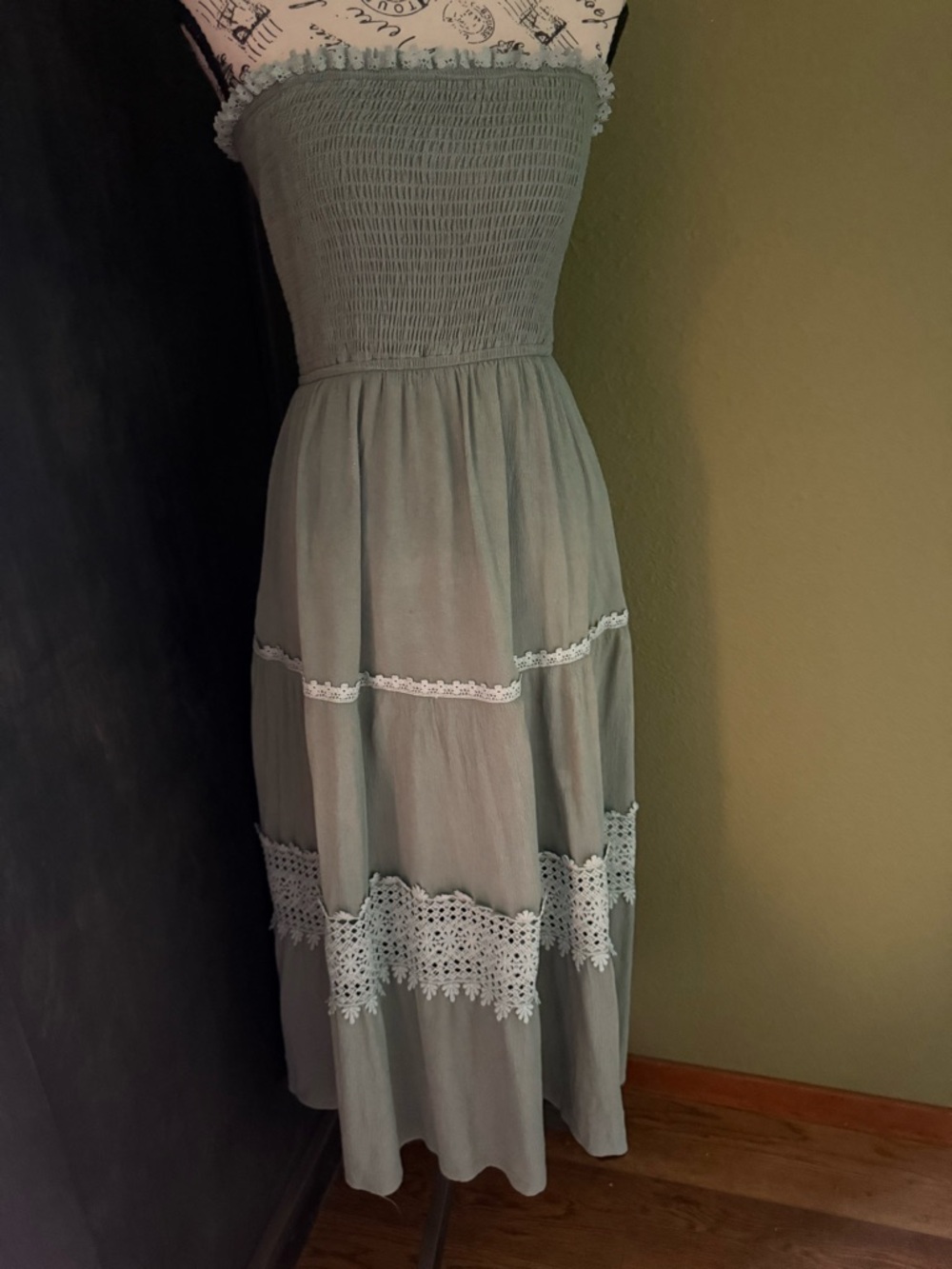 Strapless Sage Green Tiered Maxi Dress - Smocked Bodice